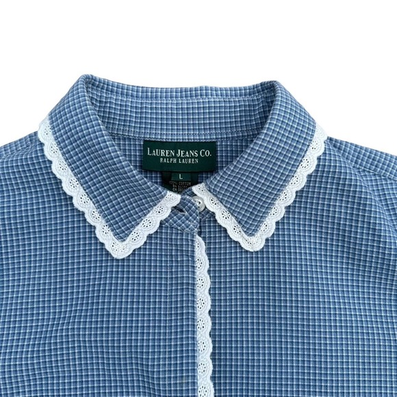 Ralph Lauren Pajama Top Womens Long Sleeve Lace Button Down Cotton Blue Large - Picture 5 of 8